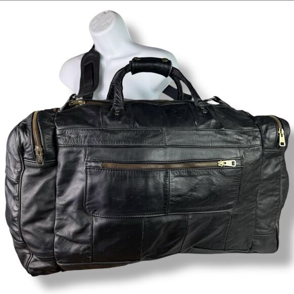 Vintage Other - Vintage 80s 90s Y2K Duffel Travel Overnight Bag Weekender Black Leather Denim